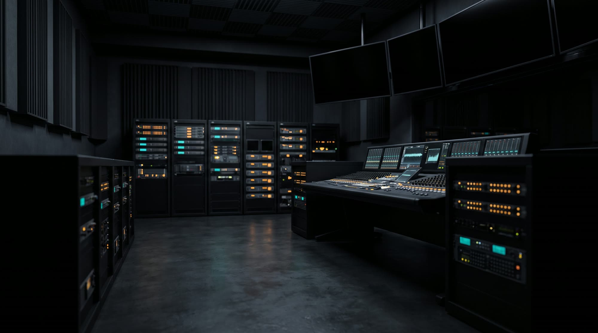 Broadcast control room with equipment racks and monitoring systems